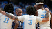 North Carolina coach Hubert Davis talks to the team during a recent game. They finish the regular season against Duke.