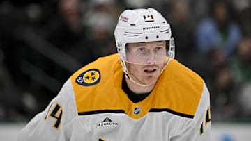 Dec 12, 2024; Dallas, Texas, USA; Nashville Predators center Gustav Nyquist (14) in action during the game between the Dallas Stars and the Nashville Predators at American Airlines Center. Mandatory Credit: Jerome Miron-Imagn Images