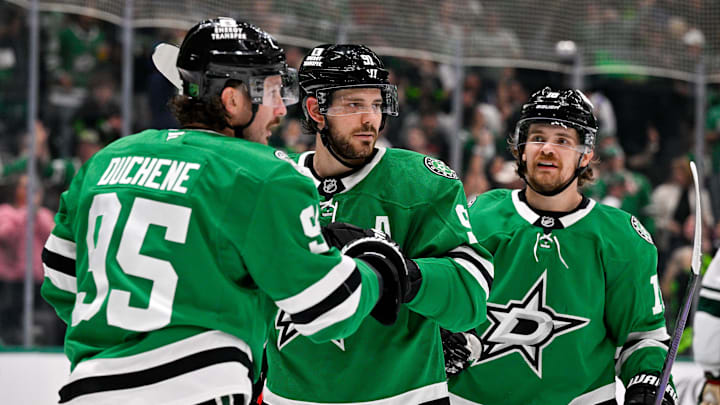 Oct 14, 2025; Dallas, Texas, USA; Dallas Stars center Matt Duchene (95) and center Tyler Seguin (91) and center Sam Steel (18) celebrate during the game between the Dallas Stars and the Minnesota Wild at American Airlines Center. Mandatory Credit: Jerome Miron-Imagn Images