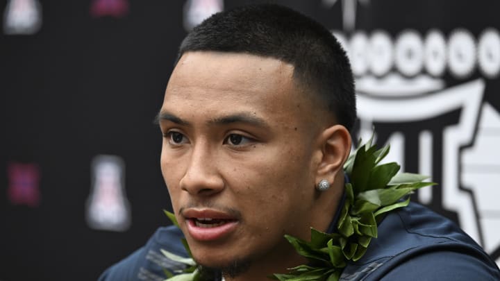 Jul 10, 2024; Las Vegas, NV, USA; Arizona Wildcats linebacker Jacob Manu speaks to the media during the Big 12 Media Days at Allegiant Stadium. 