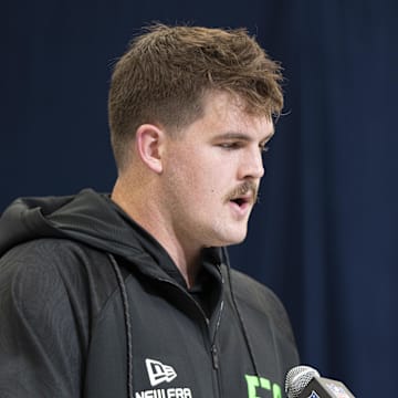 North Dakota State University offensive lineman Grey Zabel answers questions at a press conference during the NFL Combine.