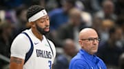 Oct 29, 2025; Dallas, Texas, USA; Dallas Mavericks forward Anthony Davis (3) exchanges words with Dallas Mavericks head coach Jason Kidd as Davis walks off the court during the first quarter at the American Airlines Center. Mandatory Credit: Jerome Miron-Imagn Images