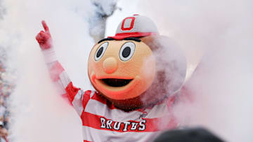 Ohio State Brutus Buckeye cheers before the game against the Ohio Bobcats at Ohio Stadium. 