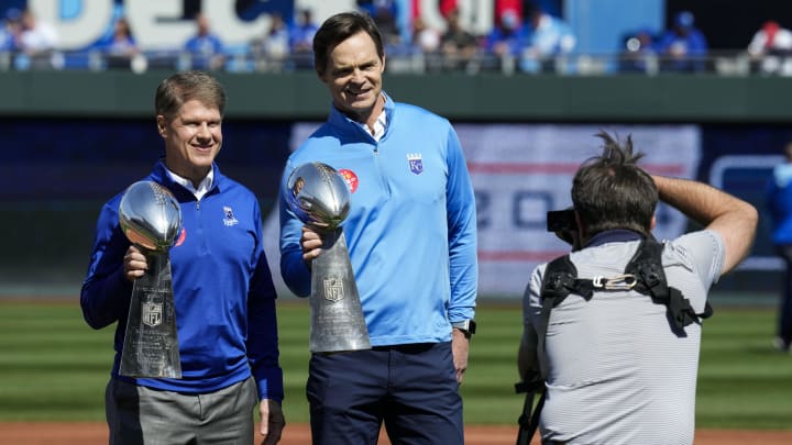 Mar 28, 2024; Kansas City, Missouri, USA; Kansas City Chiefs CEO Clark Hunt and president Mark Donovan pose for a photo with Super Bowl trophies prior to a game between the Minnesota Twins and the Kansas City Royals at Kauffman Stadium. Mandatory Credit: Jay Biggerstaff-USA TODAY Sports