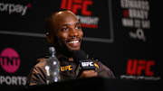 Mar 20, 2025; London, United Kingdom; UFC welterweight Leon Edwards reacts to a power outage during the media day for UFC Fight Night at O2 Arena. Mandatory Credit: Per Haljestam-Imagn Images