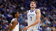 Nov 19, 2024; Lexington, Kentucky, USA; Kentucky Wildcats forward Andrew Carr (7) reacts after a call during the second half against the Lipscomb Bisons at Rupp Arena at Central Bank Center. Mandatory Credit: Jordan Prather-Imagn Images