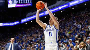 Jan 18, 2025; Lexington, Kentucky, USA; Kentucky Wildcats guard Travis Perry (11) shoots the ball during the second half against the Alabama Crimson Tide at Rupp Arena at Central Bank Center. Mandatory Credit: Jordan Prather-Imagn Images