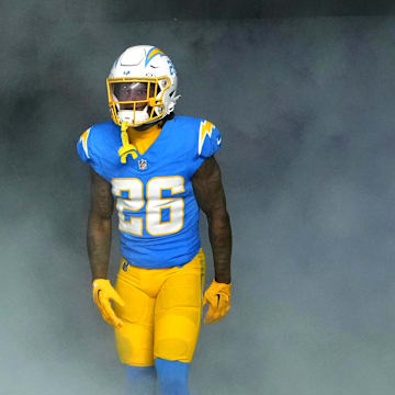 Dec 23, 2023; Inglewood, California, USA; Los Angeles Chargers cornerback Asante Samuel Jr. (26)  enters the field before the game against the Buffalo Bills at SoFi Stadium. Mandatory Credit: Kirby Lee-Imagn Images