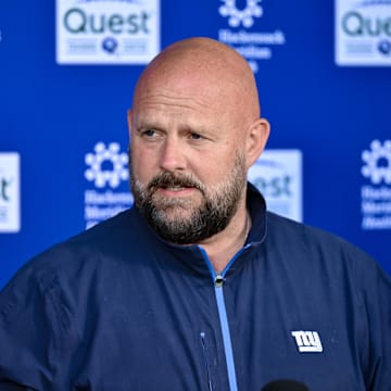 May 10, 2025; East Rutherford, NJ, USA; New York Giants head coach Brian Daboll speaks during a press conference before rookie minicamp at Quest Diagnostics Training Center. 
