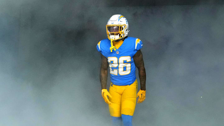 Dec 23, 2023; Inglewood, California, USA; Los Angeles Chargers cornerback Asante Samuel Jr. (26)  enters the field before the game against the Buffalo Bills at SoFi Stadium. Mandatory Credit: Kirby Lee-Imagn Images