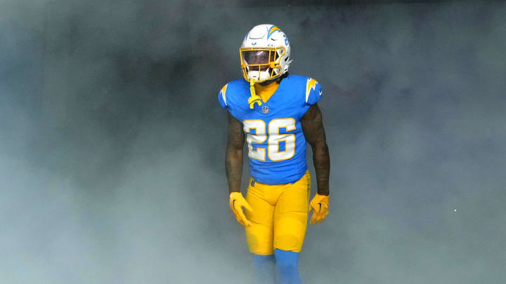 Dec 23, 2023; Inglewood, California, USA; Los Angeles Chargers cornerback Asante Samuel Jr. (26)  enters the field before the game against the Buffalo Bills at SoFi Stadium. Mandatory Credit: Kirby Lee-USA TODAY Sports