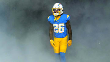 Dec 23, 2023; Inglewood, California, USA; Los Angeles Chargers cornerback Asante Samuel Jr. (26)  enters the field before the game against the Buffalo Bills at SoFi Stadium. Mandatory Credit: Kirby Lee-Imagn Images