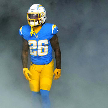 Dec 23, 2023; Inglewood, California, USA; Los Angeles Chargers cornerback Asante Samuel Jr. (26)  enters the field before the game against the Buffalo Bills at SoFi Stadium. Mandatory Credit: Kirby Lee-Imagn Images