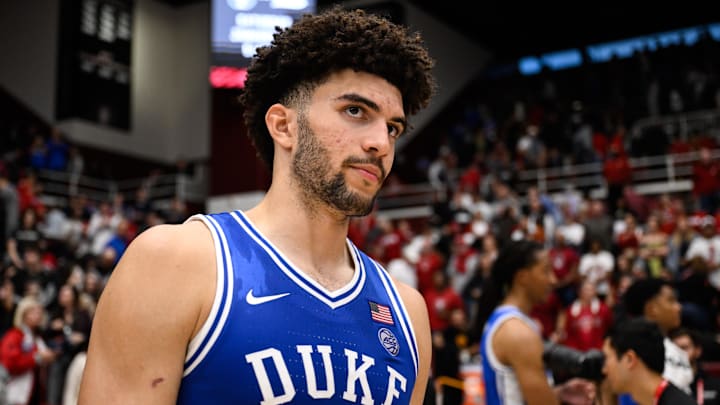 Jan 17, 2026; Stanford, California, USA; Duke Blue Devils forward Cameron Boozer (12) looks on after the game against the Stanford Cardinal at Maples Pavilion. 