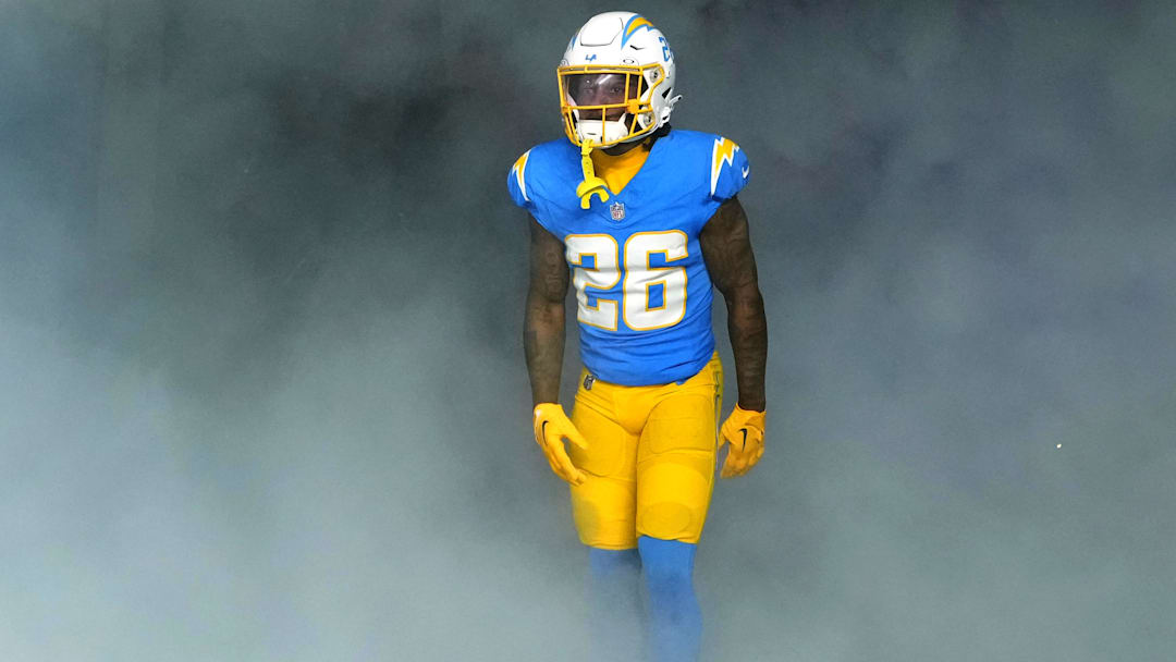 Dec 23, 2023; Inglewood, California, USA; Los Angeles Chargers cornerback Asante Samuel Jr. (26)  enters the field before the game against the Buffalo Bills at SoFi Stadium. Mandatory Credit: Kirby Lee-Imagn Images