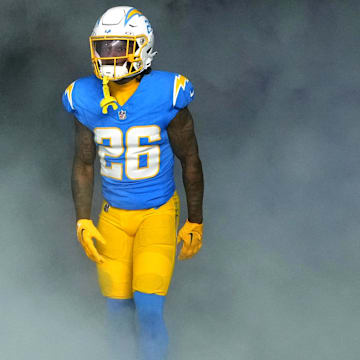 Dec 23, 2023; Inglewood, California, USA; Los Angeles Chargers cornerback Asante Samuel Jr. (26)  enters the field before the game against the Buffalo Bills at SoFi Stadium. Mandatory Credit: Kirby Lee-Imagn Images
