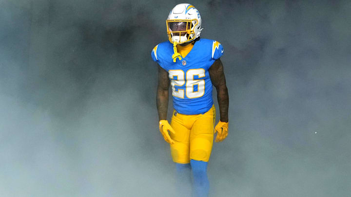 Los Angeles Chargers cornerback Asante Samuel Jr. (26)  enters the field before the game against the Buffalo Bills at SoFi Stadium. Mandatory Credit: Kirby Lee-Imagn Images