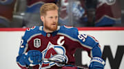Jun 15, 2022; Denver, Colorado, USA; Colorado Avalanche left wing Gabriel Landeskog (92) warms up prior to game one of the 2022 Stanley Cup Final against the Tampa Bay Lightning at Ball Arena. Mandatory Credit: Ron Chenoy-USA TODAY Sports