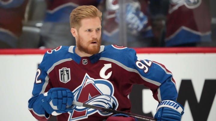 Jun 15, 2022; Denver, Colorado, USA; Colorado Avalanche left wing Gabriel Landeskog (92) warms up prior to game one of the 2022 Stanley Cup Final against the Tampa Bay Lightning at Ball Arena. Mandatory Credit: Ron Chenoy-USA TODAY Sports