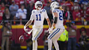 Nov 23, 2025; Kansas City, Missouri, USA; Indianapolis Colts wide receiver Michael Pittman Jr. (11) celebrates with tight end Tyler Warren (84) after scoring a touchdown against the Kansas City Chiefs in the first quarter at GEHA Field at Arrowhead Stadium. Mandatory Credit: Jay Biggerstaff-Imagn Images