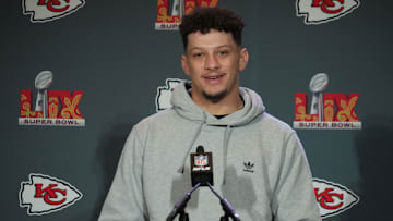 Feb 5, 2025; New Orleans, LA, USA;  Kansas City Chiefs quarterback Patrick Mahomes (15) speaks in a press conference ahead of Super Bowl LIX at New Orleans Marriott. Mandatory Credit: Kirby Lee-Imagn Images