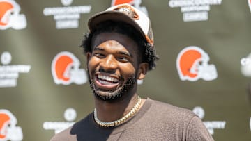 May 10, 2025; Berea, OH, USA; Cleveland Browns quarterback Shedeur Sanders (12) talks to the media during rookie minicamp at CrossCountry Mortgage Campus. Mandatory Credit: Ken Blaze-Imagn Images