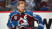 Colorado Avalanche left wing Gabriel Landeskog warms up prior to game one of the 2022 Stanley Cup Final.