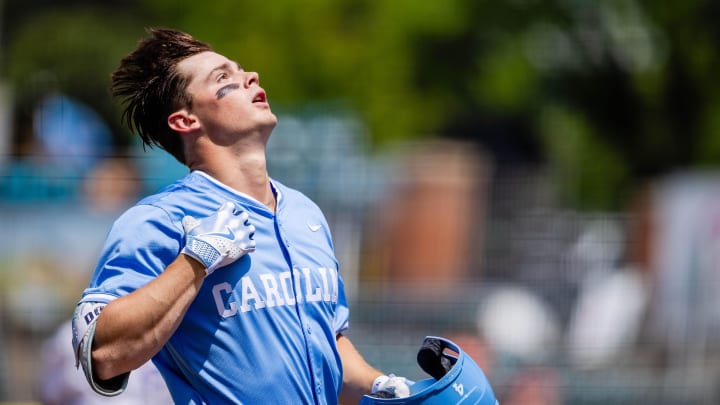 May 23, 2024; Charlotte, NC, USA; North Carolina Tar Heels outfielder Anthony Donofrio (4) celebrates a solo home run against the Pittsburgh Panthers in the first inning during the ACC Baseball Tournament at Truist Field. Mandatory Credit: Scott Kinser-USA TODAY Sports