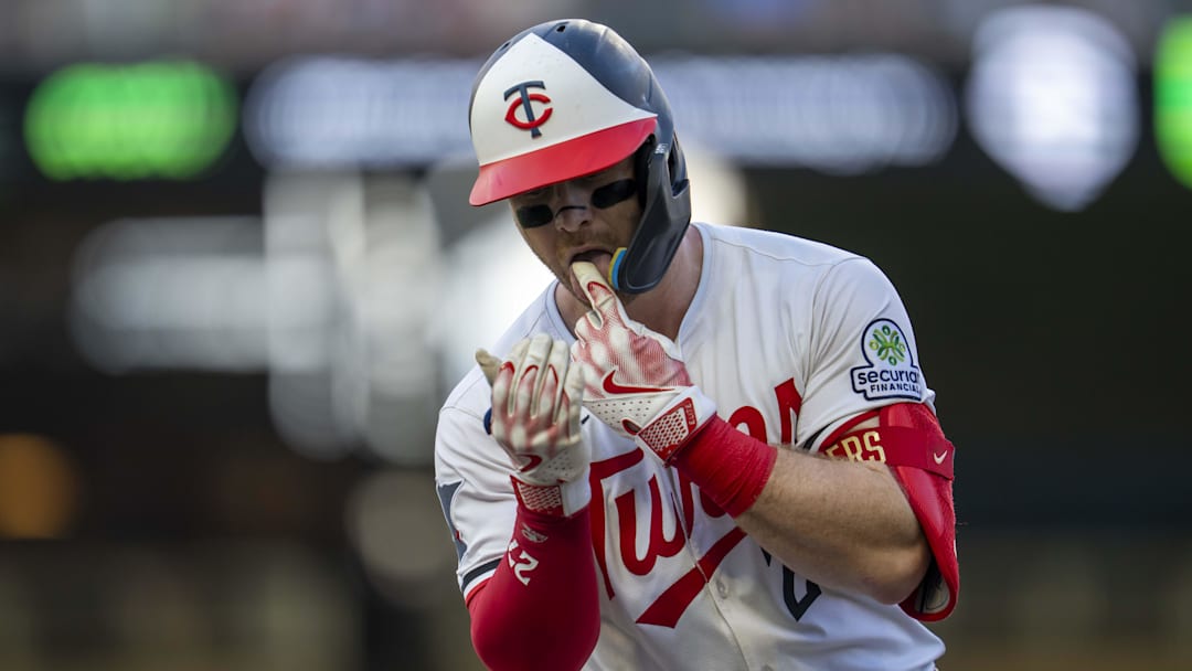 Aug 19, 2025; Minneapolis, Minnesota, USA; Minnesota Twins catcher Ryan Jeffers (27) celebrates hitting a single against the Athletics in the first inning at Target Field. Mandatory Credit: Jesse Johnson-Imagn Images