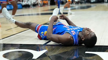 Nov 26, 2025; Las Vegas, NV, USA; Kansas Jayhawks guard Melvin Council Jr. (14) reacts in the second half against Tennessee Volunteers in the 2025 Players Era Festival third place game at MGM Grand Garden Arena. Mandatory Credit: Kirby Lee-Imagn Images