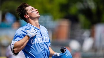 May 23, 2024; Charlotte, NC, USA; North Carolina Tar Heels outfielder Anthony Donofrio (4) celebrates a solo home run against the Pittsburgh Panthers in the first inning during the ACC Baseball Tournament at Truist Field. Mandatory Credit: Scott Kinser-USA TODAY Sports