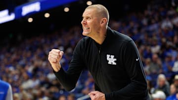 Oct 23, 2024; Lexington, KY, USA; Kentucky Wildcats head coach Mark Pope celebrates during the first half against the Kentucky Wesleyan Panthers at Rupp Arena at Central Bank Center. Mandatory Credit: Jordan Prather-Imagn Images