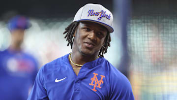 Mar 28, 2025; Houston, TX, USA; New York Mets shortstop Luisangel Acuna (2) during batting practice before the game against the Houston Astros at Daikin Park. Mandatory Credit: Troy Taormina-Imagn Images