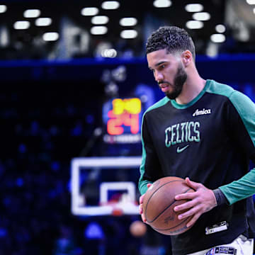Mar 15, 2025; Brooklyn, New York, USA; Boston Celtics forward Jayson Tatum (0) warms up before a game against the Brooklyn Nets at Barclays Center. Mandatory Credit: John Jones-Imagn Images