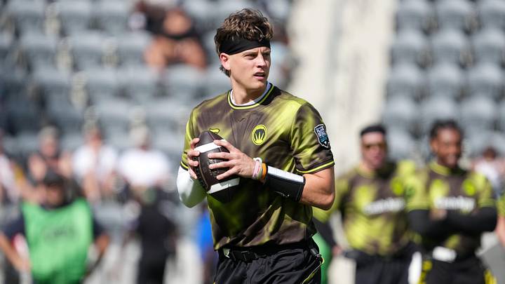 Mar 21, 2026; Los Angeles, CA, USA; Wildcats FFC quarterback Joe Burrow throws the ball during the Fanatics Flag Football Classic at BMO stadium. Mandatory Credit: Kirby Lee-Imagn Images