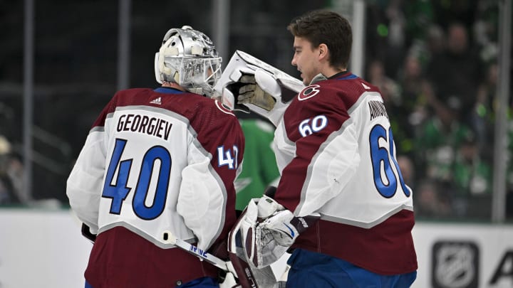 May 7, 2024; Dallas, Texas, USA; Colorado Avalanche goaltender Alexandar Georgiev (40) and goaltender Justus Annunen (60) celebrate the win over the Dallas Stars in the overtime period in game one of the second round of the 2024 Stanley Cup Playoffs at American Airlines Center. Mandatory Credit: Jerome Miron-USA TODAY Sports