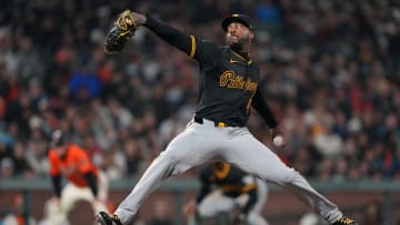 Apr 26, 2024; San Francisco, California, USA; Pittsburgh Pirates pitcher Aroldis Chapman (45) throws a pitch against the San Francisco Giants during the eighth inning at Oracle Park. Mandatory Credit: Darren Yamashita-USA TODAY Sports