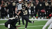 Nov 23, 2025; New Orleans, Louisiana, USA; New Orleans Saints place kicker Blake Grupe (19) kicks a field goal against the Atlanta Falcons during the second half at Caesars Superdome. 