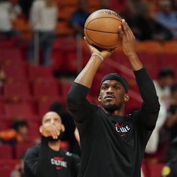 Nov 16, 2023; Miami, Florida, USA; Miami Heat forward Jimmy Butler (22) warms-up before the game against the Brooklyn Nets at Kaseya Center. Mandatory Credit: Jim Rassol-Imagn Images