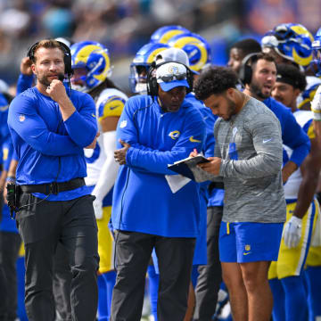 Aug 11, 2024; Inglewood, California, USA; Los Angeles Rams head coach Sean McVay on the sideline with coaching staff against the Dallas Cowboys during the fourth quarter at SoFi Stadium. Mandatory Credit: Jonathan Hui-USA TODAY Sports