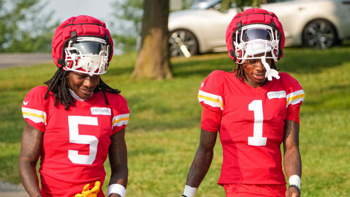 Jul 26, 2024; Kansas City, MO, USA; Kansas City Chiefs wide receiver Marquise “Hollywood”  Brown (5) and wide receiver Xavier Worthy (1) walk down the hill from the locker room to the fields during training camp at Missouri Western State University. Mandatory Credit: Denny Medley-USA TODAY Sports