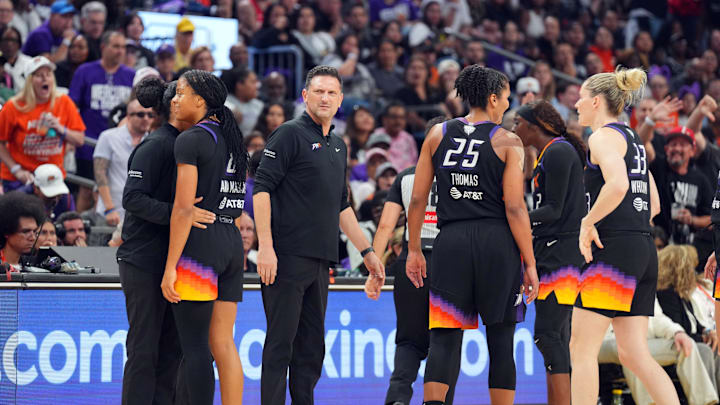 Oct 10, 2025; Phoenix, Arizona, USA; Phoenix Mercury head coach Nate Tibbetts reacts after being ejected during the second half of game four against the Las Vegas Aces of the 2025 WNBA Finals at Mortgage Matchup Center. Mandatory Credit: Joe Camporeale-Imagn Images