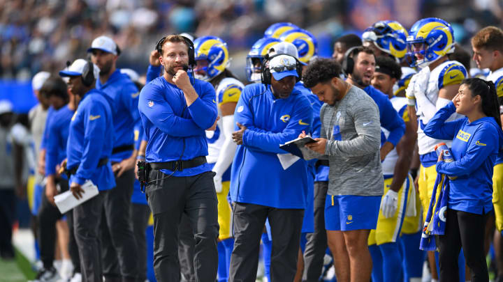 Aug 11, 2024; Inglewood, California, USA; Los Angeles Rams head coach Sean McVay on the sideline with coaching staff against the Dallas Cowboys during the fourth quarter at SoFi Stadium. Mandatory Credit: Jonathan Hui-USA TODAY Sports