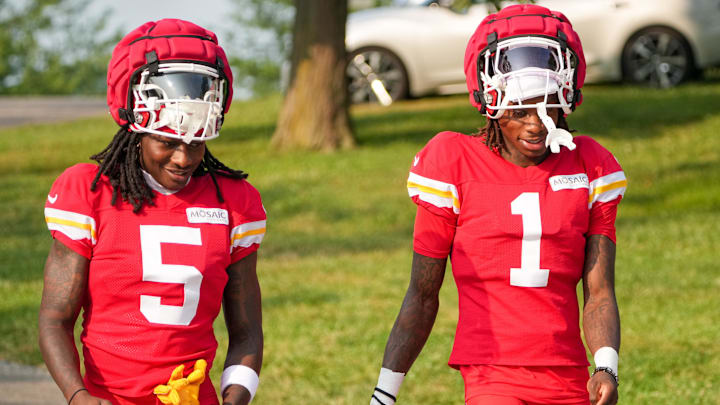 Jul 26, 2024; Kansas City, MO, USA; Kansas City Chiefs wide receiver Marquise “Hollywood”  Brown (5) and wide receiver Xavier Worthy (1) walk down the hill from the locker room to the fields during training camp at Missouri Western State University. Mandatory Credit: Denny Medley-Imagn Images