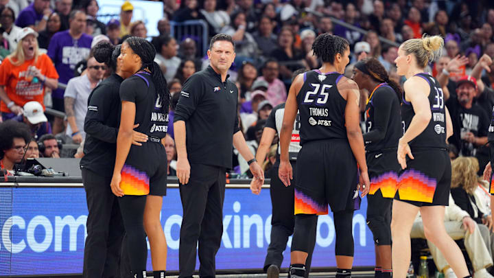 Oct 10, 2025; Phoenix, Arizona, USA; Phoenix Mercury head coach Nate Tibbetts reacts after being ejected during the second half of game four against the Las Vegas Aces of the 2025 WNBA Finals at Mortgage Matchup Center. Mandatory Credit: Joe Camporeale-Imagn Images
