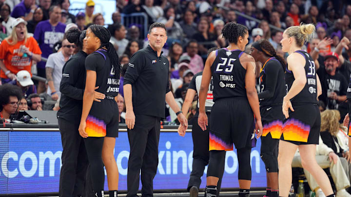 Oct 10, 2025; Phoenix, Arizona, USA; Phoenix Mercury head coach Nate Tibbetts reacts after being ejected during the second half of game four against the Las Vegas Aces of the 2025 WNBA Finals at Mortgage Matchup Center. Mandatory Credit: Joe Camporeale-Imagn Images