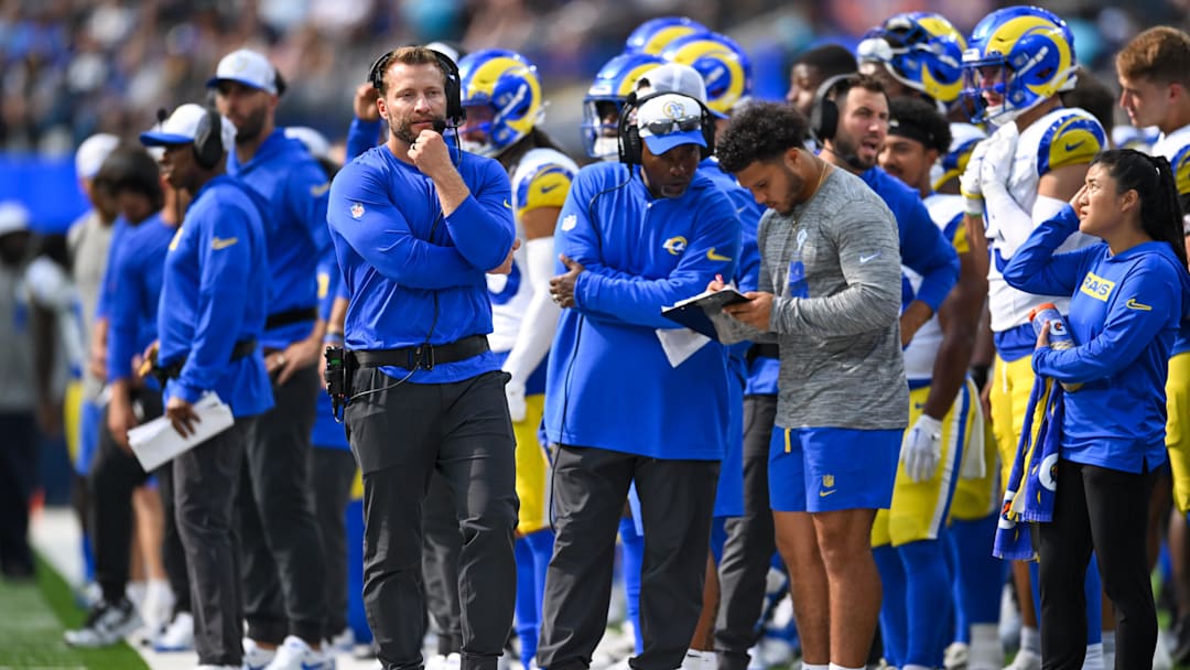 Aug 11, 2024; Inglewood, California, USA; Los Angeles Rams head coach Sean McVay on the sideline with coaching staff against the Dallas Cowboys during the fourth quarter at SoFi Stadium. Mandatory Credit: Jonathan Hui-Imagn Images