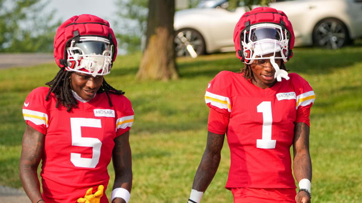 Jul 26, 2024; Kansas City, MO, USA; Kansas City Chiefs wide receiver Marquise “Hollywood”  Brown (5) and wide receiver Xavier Worthy (1) walk down the hill from the locker room to the fields during training camp at Missouri Western State University. Mandatory Credit: Denny Medley-USA TODAY Sports