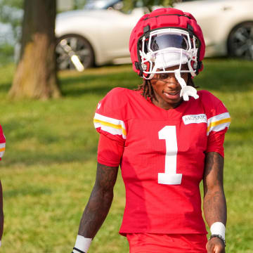 Jul 26, 2024; Kansas City, MO, USA; Kansas City Chiefs wide receiver Marquise “Hollywood”  Brown (5) and wide receiver Xavier Worthy (1) walk down the hill from the locker room to the fields during training camp at Missouri Western State University. Mandatory Credit: Denny Medley-USA TODAY Sports
