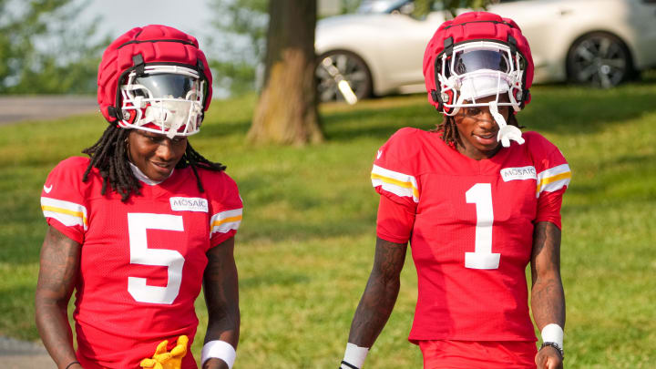 Jul 26, 2024; Kansas City, MO, USA; Kansas City Chiefs wide receiver Marquise “Hollywood”  Brown (5) and wide receiver Xavier Worthy (1) walk down the hill from the locker room to the fields during training camp at Missouri Western State University. Mandatory Credit: Denny Medley-USA TODAY Sports